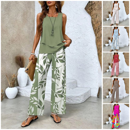 🌴 50% OFF NOW!👗 Women's Trendy Print 2-Piece Outfit – Sleeveless Top & Pants – Effortless Vacation Style ✨