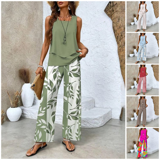 🌴 50% OFF NOW!👗 Women's Trendy Print 2-Piece Outfit – Sleeveless Top & Pants – Effortless Vacation Style ✨