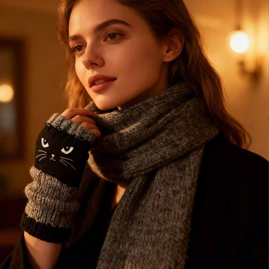 🐱 60% OFF NOW! Women's Knitted Cat Gloves – Warm Hands & Free Fingers, Cute & Cozy Design 🧤🤍✨