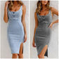🌞 50% OFF NOW!  👗Women's U-Neck Denim Bodycon Cami Dress – Adjustable Straps, Thigh-High Slit & Stretch Fit 👖