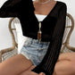 🌸 50% OFF NOW! 👚 Women's Hollow Out Tie Front Crop Cardigan – Flounce Sleeves, V Neck & Seasonal Versatility ✨