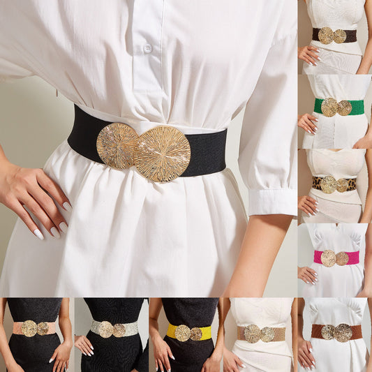🩰 50% OFF NOW! ✨ Women's Vintage Gold Buckle High Elastic Belt - Adjustable Waistband for Dresses, Skirts & Pants with Timeless Design 💫🌟