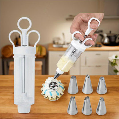 🚀Bestseller!⏰LIMITED-TIME 50% OFF! 🧁🎂 Stop wrestling with messy piping bags — this stainless steel decorating gun fills, frosts, and finishes in seconds. 6 tips, one tool, endless creativity. 🍰