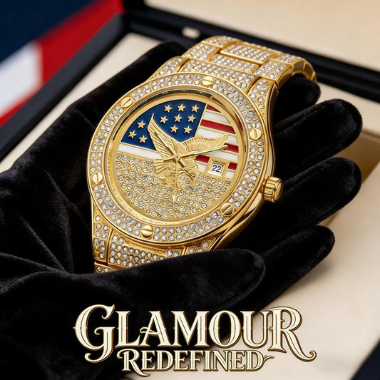 ⌚ 50% OFF NOW! 🦅 Gold Plated Hip Hop Style Patriotic Watch – Iced Out, Eagle Dial & Quartz Movement 🇺🇸