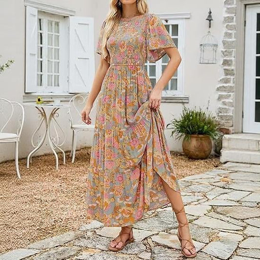👗 50% OFF NOW! 🌸 Women's Casual Floral Print Maxi Dress – Flutter Sleeves, Smocked High Waist & Flowy Tiered Skirt ✨