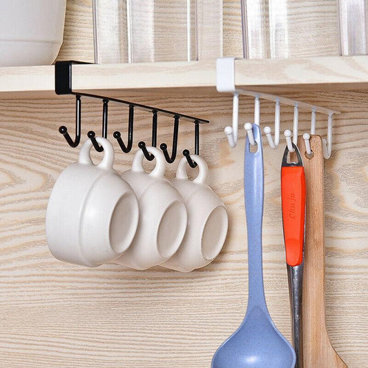🏠 50% OFF NOW!🔥 Under Shelf Hanger with 6 Hooks – Space Saving Kitchen Organizer – No Drill Storage Rack – Steel Utensil Holder for Cabinet & Wardrobe 🍴