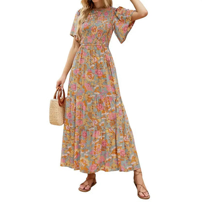 👗 50% OFF NOW! 🌸 Women's Casual Floral Print Maxi Dress – Flutter Sleeves, Smocked High Waist & Flowy Tiered Skirt ✨