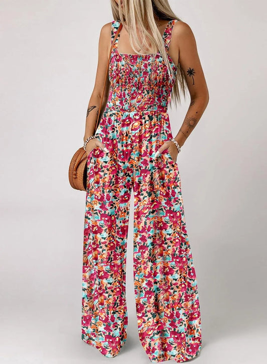 ✨ 50% OFF NOW! 🌼 Women’s Floral Sleeveless Jumpsuit – Smocked Bust & Wide-Leg Summer Chic 👒🏖️