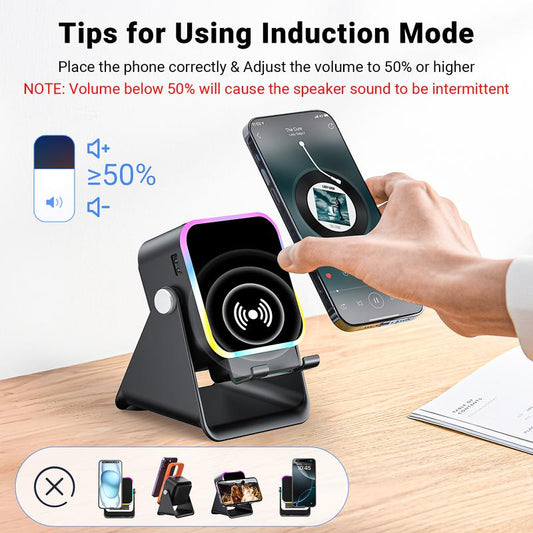 🔥 50% OFF NOW! 📱 5-in-1 Wireless Speaker Stand – Induction Audio & Phone Holder 🎵💡