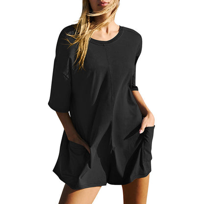 🌞 50% OFF NOW! 👕 Oversized T-Shirt V-Shaped Back Romper – Reversible Design, Soft Viscose & Front Pockets 🦋