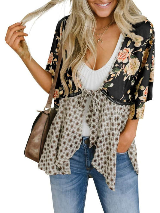 🌺 50% OFF! ✨ Women's Floral Kimono Cardigan – Ruffle Sleeves, Tie-Front & Flowy Beach Cover-Up 🏖️