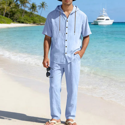 🌴 50% OFF NOW! 👕 Men's Cotton Linen Hooded Shirt & Pants Set – Breathable, Skin-Friendly & Perfect for Tropical Vacations 🏖️