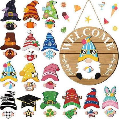 🎄 60% OFF NOW! 🍁 Interchangeable Wooden Gnome Welcome Sign - Customizable Seasonal Decor with Accessories, Perfect for Porch/Garden Holiday Display 🎅✨