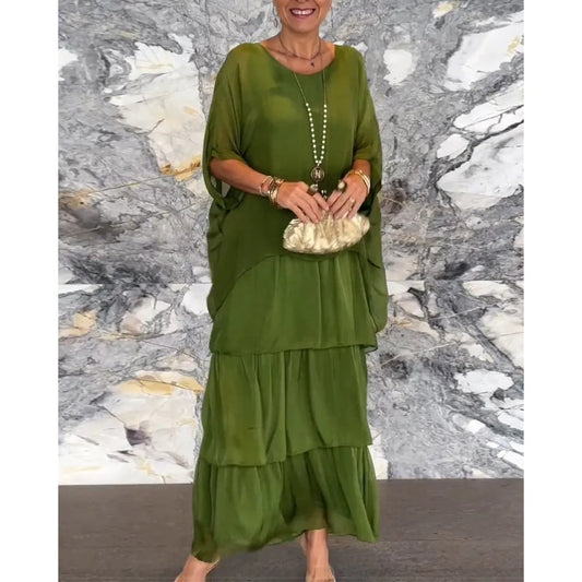 👗 50% OFF NOW! 💝 Artistic Style Loose Dress – Flowy Chiffon Maxi & Shirred Details 🌸
