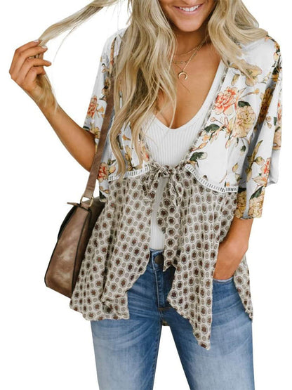 🌺 50% OFF! ✨ Women's Floral Kimono Cardigan – Ruffle Sleeves, Tie-Front & Flowy Beach Cover-Up 🏖️