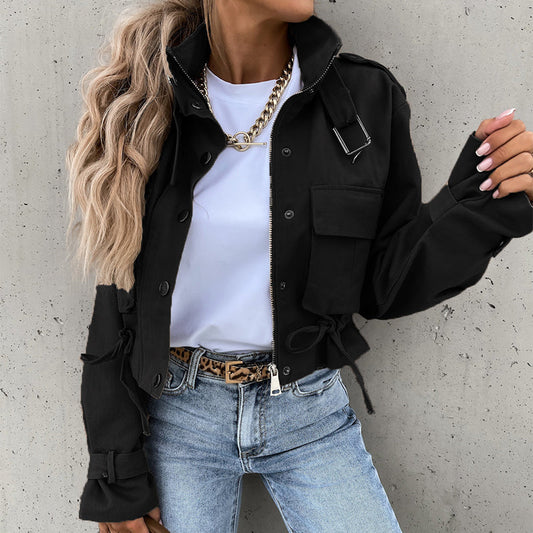 🧥 50% OFF NOW! 💨 Stand Collar Snap Button Drawstring Pocket Jacket – Lightweight, Adjustable & Practical 🎒