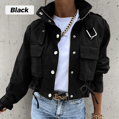 🧥 50% OFF NOW! 💨 Stand Collar Snap Button Drawstring Pocket Jacket – Lightweight, Adjustable & Practical 🎒