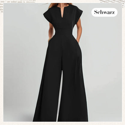 👗 50% OFF NOW! ✨ Women's V-Neck Short Sleeve Wide-Leg Jumpsuit – Flowy & Elegant – Pockets & Solid Color 🌿