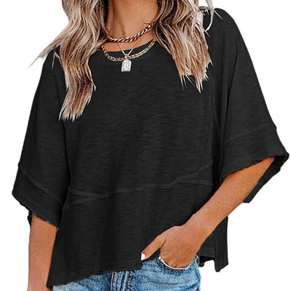 👚 50% OFF NOW! 👗 Women's Solid Color Splicing Loose Five Points Flare Sleeve T-Shirt – Stylish Design & Soft Fabric ✨