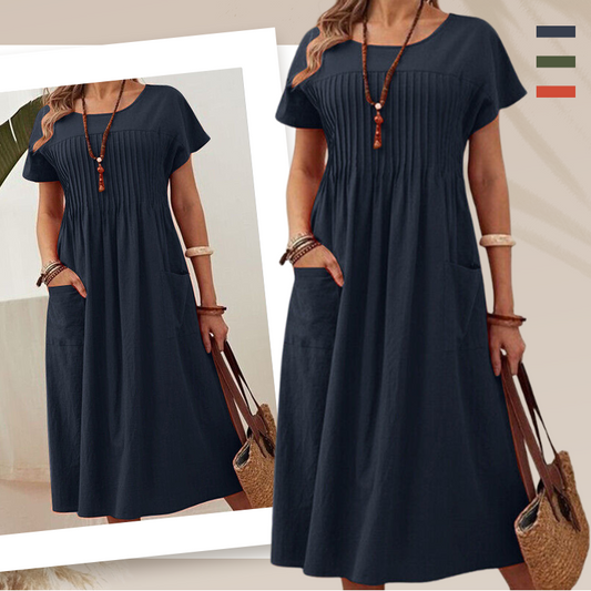 🌸 50% OFF NOW! 👗 Women’s Pleated Short-Sleeve Dress with Pockets – Soft Cotton-Linen Blend ☀️👜