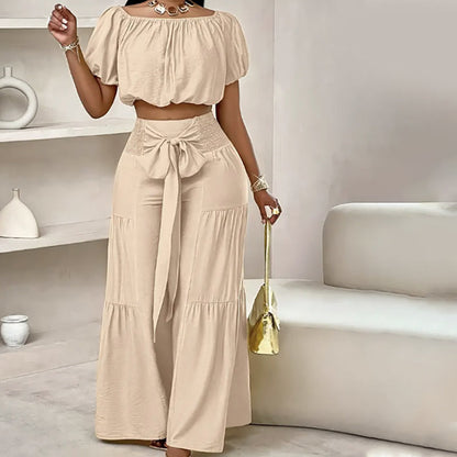 ☀️ 50% OFF NOW! 👗 Off-Shoulder Puff Sleeve Top & Wide-Leg Pants Set – Elegant Summer 2-Piece! 💃