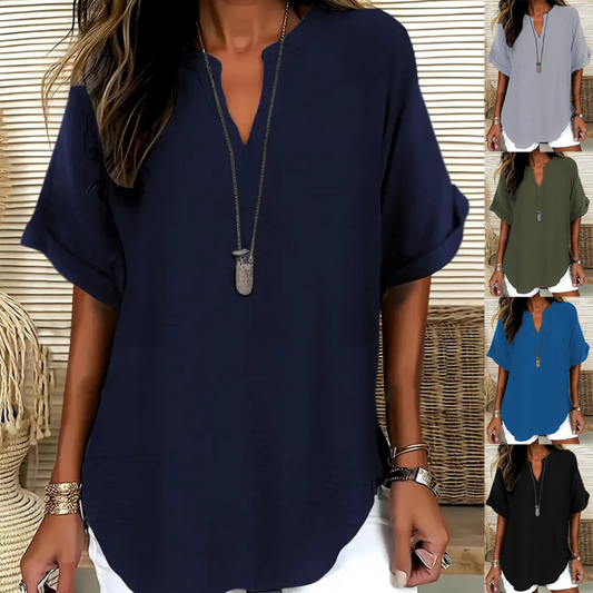 👕 60% OFF NOW! 🌸 Fashion Loose Short Sleeve Top – Notched V-Neck, Asymmetrical Hem & Lightweight Fabric (5 Colors, S–2XL) ✨