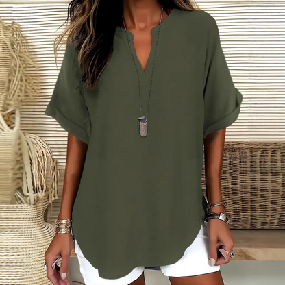 👕 60% OFF NOW! 🌸 Fashion Loose Short Sleeve Top – Notched V-Neck, Asymmetrical Hem & Lightweight Fabric (5 Colors, S–2XL) ✨