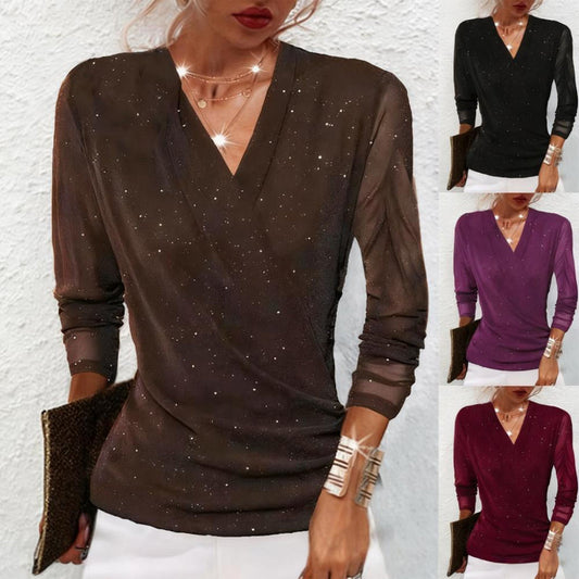 ✨ 60% OFF! 💫 SPARKLE CROSSOVER TOP - V-Neck with Glitter Accents, Flowy Long Sleeves for Parties and Evening Events, Comfortable Stretch Fabric 🌟👚