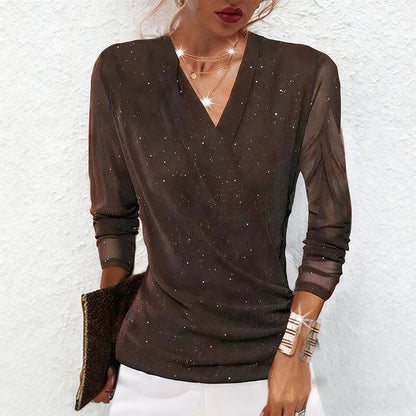 ✨ 60% OFF! 💫 SPARKLE CROSSOVER TOP - V-Neck with Glitter Accents, Flowy Long Sleeves for Parties and Evening Events, Comfortable Stretch Fabric 🌟👚