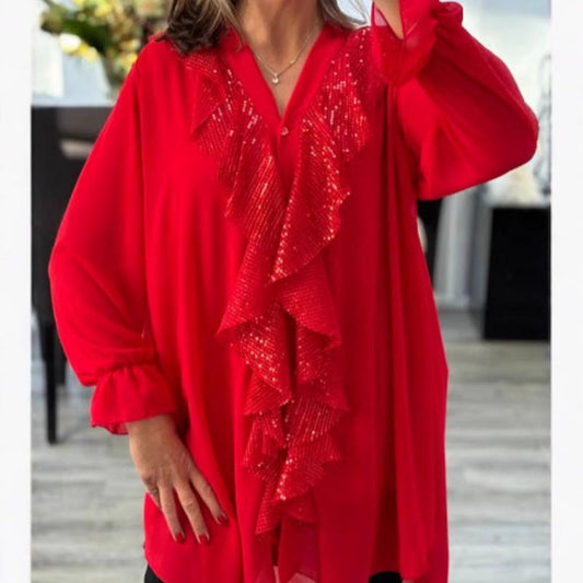 👚 60% OFF NOW! ✨ Women's V-Neck Chiffon Sequin Top – Long Sleeve, Elegant Shimmer & Comfort Fit for Evening Occasions 🌙📦