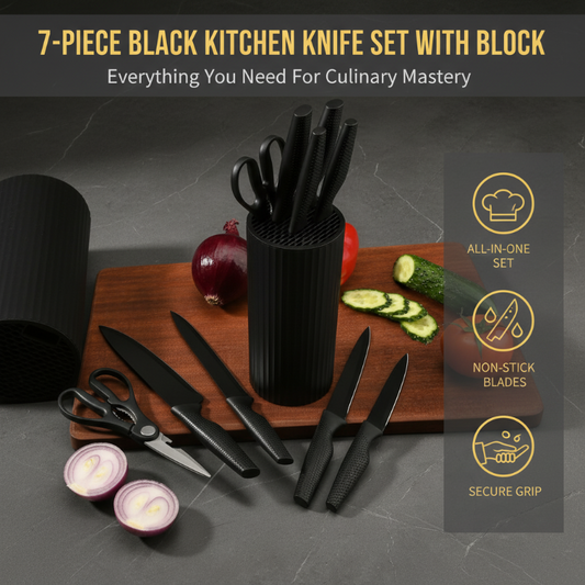 🔪 50% OFF NOW! ✨ Modern 7-in-1 Kitchen Knife & Scissors Set – Complete 7-Piece, Non-Stick Coated & Ergonomic PP Handles – Sleek Black Design 🖤