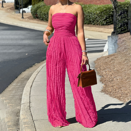✨ 50% OFF NOW! 💕 Strapless Crinkle Wide-Leg Jumpsuit – Effortless Elegance & High-Waist Glamour 💃