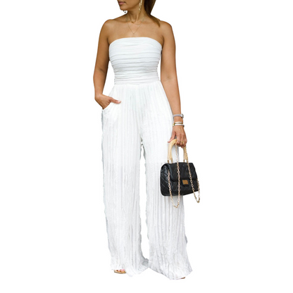 ✨ 50% OFF NOW! 💕 Strapless Crinkle Wide-Leg Jumpsuit – Effortless Elegance & High-Waist Glamour 💃