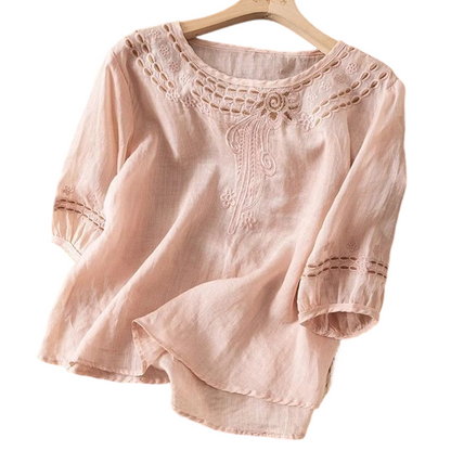 👚 50% OFF NOW! 🌸 Cotton Linen Embroidered Blouse – Floral Cutouts & 3/4 Sleeves – Breezy Retro Elegance 🌿