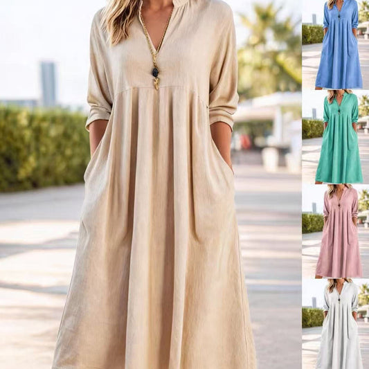 🌿 50% OFF NOW! 👗 Women's V-Neck Midi Dress – Breathable Cotton, Empire Waist & Pockets