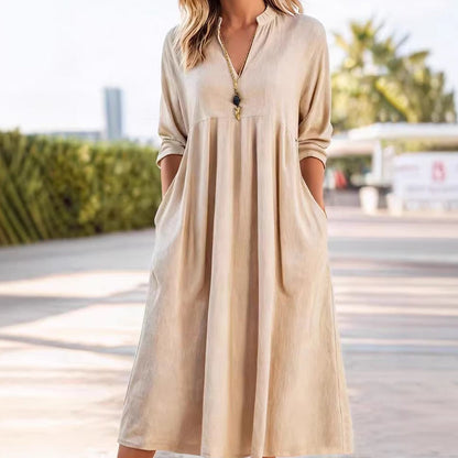 🌿 50% OFF NOW! 👗 Women's V-Neck Midi Dress – Breathable Cotton, Empire Waist & Pockets