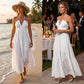 👗 50% OFF NOW! 🌞 Halter Backless Tiered Maxi – Deep V, Adjustable & Flowy Boho (Black/White/Yellow) 🏖️