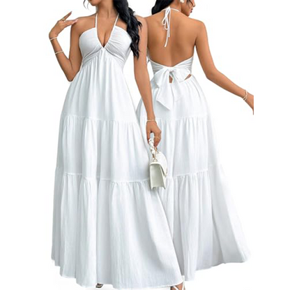 👗 50% OFF NOW! 🌞 Halter Backless Tiered Maxi – Deep V, Adjustable & Flowy Boho (Black/White/Yellow) 🏖️