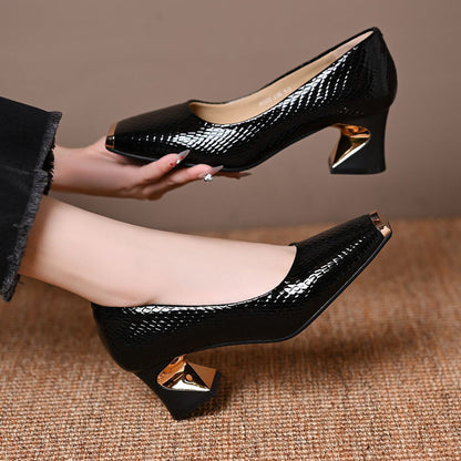 🐍 50% OFF! 👠 Women's Snakeskin Block Heel Pumps – Square Toe, Metal Accent & All-Day Comfort ✨