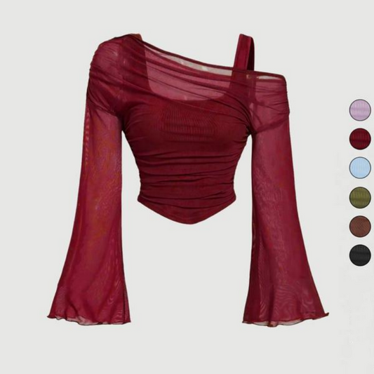 💃 50% OFF! 🌸 Off Shoulder Ruched Mesh Top – Flare Sleeves & Hourglass Fit ✨