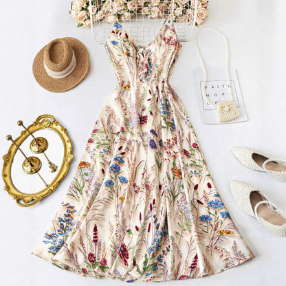 🌸 New Arrival 50% OFF! 👗 Plus Size Floral Spaghetti Strap Midi Dress – Elegant A-Line Fit 🏖️💃