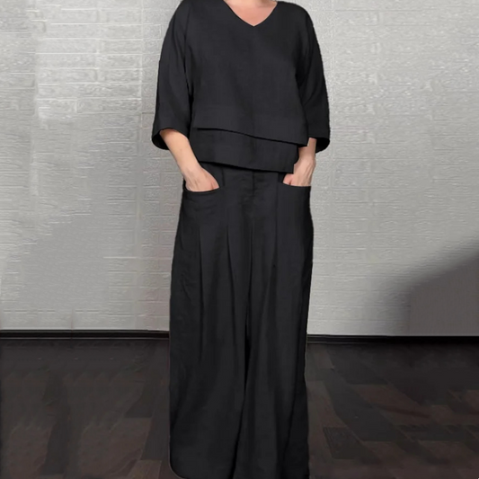 🌿 50% OFF NOW! 👗 Irregular Hem Cotton Linen Set – Flowy Top & Wide-Leg Pants ✨
