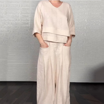 🌿 50% OFF NOW! 👗 Irregular Hem Cotton Linen Set – Flowy Top & Wide-Leg Pants ✨
