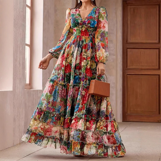 🌺 50% OFF NOW! 👗 Women's Floral Maxi Dress – V-Neck, Empire Waist & Tiered Skirt ✨