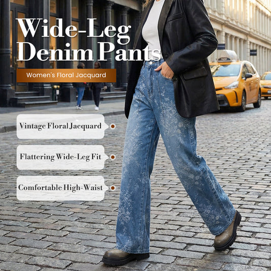 ✨ 50% OFF NOW! 💎 Women's Floral Jacquard Wide-Leg Denim Pants – Vintage Romance & High-Waist Chic 👖🌸