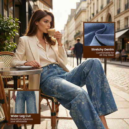 ✨ 50% OFF NOW! 💎 Women's Floral Jacquard Wide-Leg Denim Pants – Vintage Romance & High-Waist Chic 👖🌸