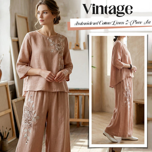 ✨ 50% OFF NOW! 🌿 Vintage Embroidered Cotton Linen 2-Piece Set – Round Neck & Wide-Leg Pants 🧵👖