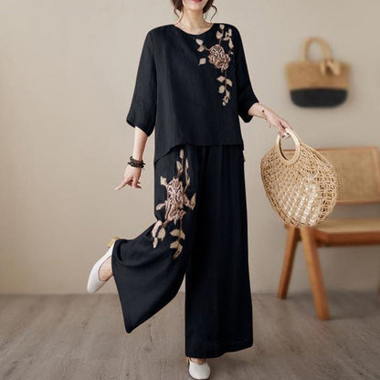✨ 50% OFF NOW! 🌿 Vintage Embroidered Cotton Linen 2-Piece Set – Round Neck & Wide-Leg Pants 🧵👖