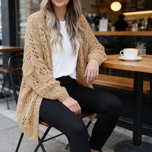 ✨ 50% OFF NOW! 🧶 Women's Open Front Slouchy Cardigan – Boho Pointelle & Batwing Sleeves 🍂☕
