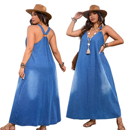 🌊 50% OFF NOW! 👗 Casual Loose Fit V-Neck Denim Maxi Dress – French Elegance & Breathable Comfort ✨